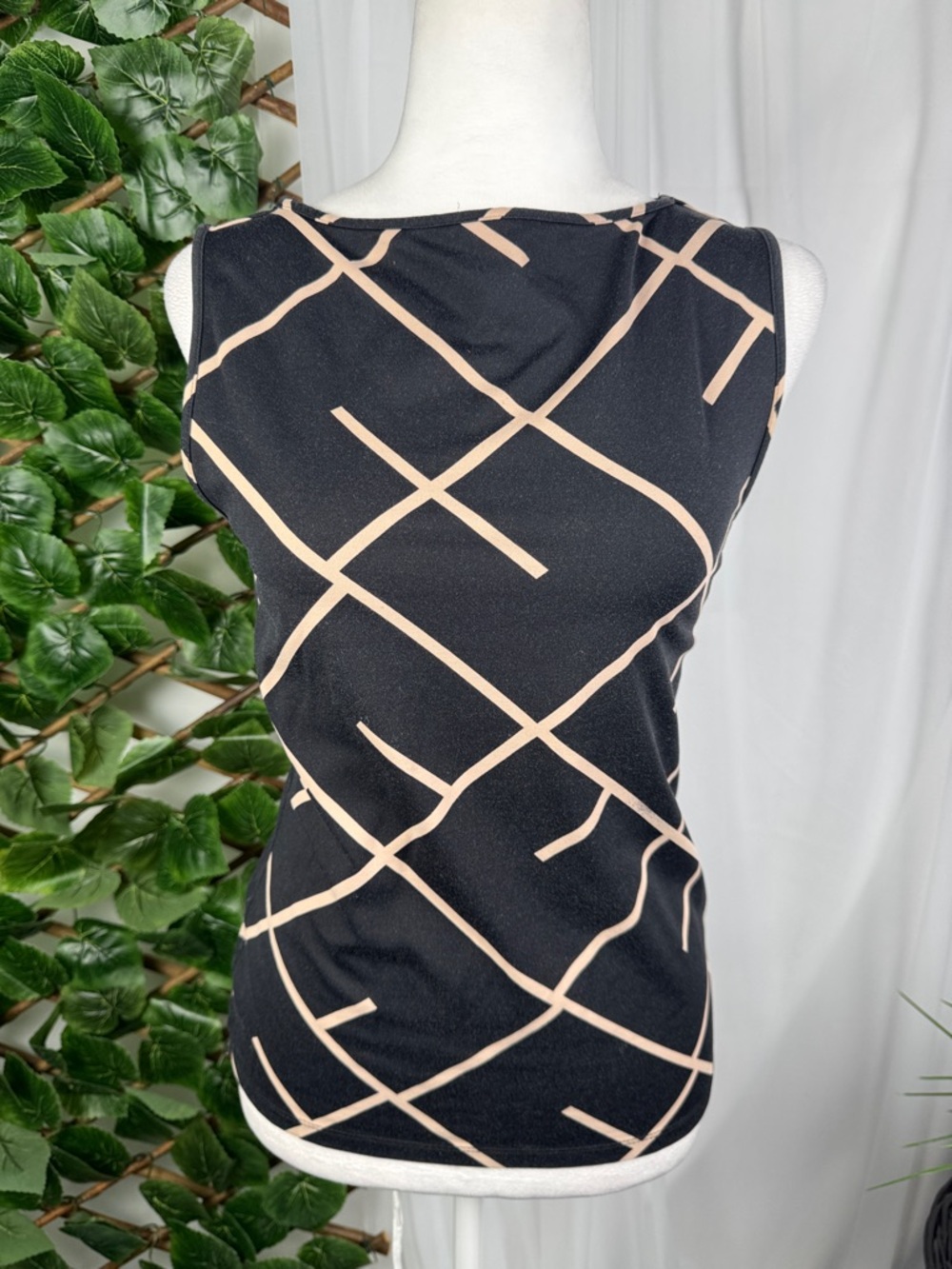 The Limited Black Tank Top with Beige Geometric Stripe Pattern